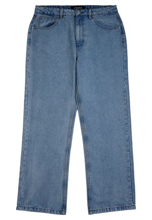 Lyseblå denimjeans med rette ben, knapp og glidelås foran, beltehemper og design med fem lommer.