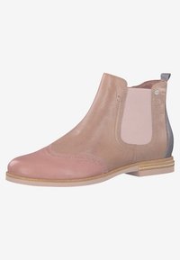 Leder-Stiefelette in Pink, Beige und Grau. Verfügt über elastische Seitenteile, Brogue-Details und einen flachen Absatz mit dezentem Kappzehen-Design.
