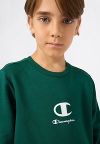 Grüner Baumwollpullover mit geripptem Rundhalsausschnitt, der ein weißes Champion-Logo und den Namen auf der Brust zeigt. Die Textur wirkt glatt.