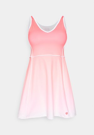 Rochie fără mâneci în nuanțe de roz degrade, cu decolteu în V. Confecționată dintr-un material neted, cu garnitură albă de-a lungul cusăturilor și tivului.