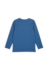 Koszulka z długim rękawem w jednolitym niebieskim kolorze, wykonana z bawełny. Okrągły dekolt, prosty dół i gładka faktura. Brak widocznych wzorów i akcentów.