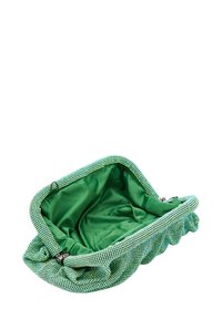 Borsa verde a perline con una superficie esterna texturizzata. Si apre su un rivestimento interno liscio. Presenta un bordo arricciato e una chiusura con zip metallica.