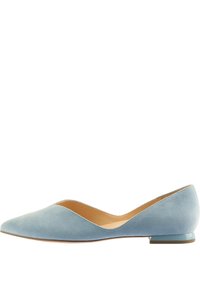 Sky blue suede flat shoe with a pointed toe, deep V-cut design, and small blue heel. Smooth texture and minimalistic design details.