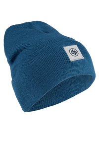 Knit blue beanie with a folded cuff, featuring a rectangular white patch and black logo on the side. Smooth texture, medium thickness.