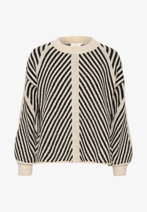 Strikket sweater i beige med sorte skråstriber, der har en rund halsudskæring og lange, let puffede ærmer. Teksturstof.