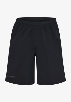 Czarne spodenki sportowe z elastycznym paskiem i subtelnym logo hummel na dolnej lewej nodze, widok z przodu, bez kieszeni i widocznych sznurków.
