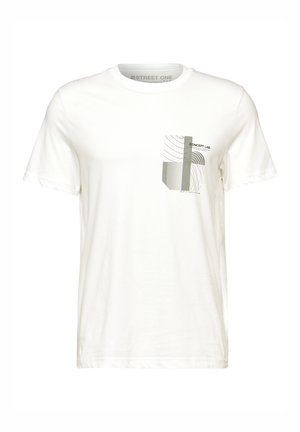 Weißes Baumwoll-T-Shirt mit einem grafischen Fronttaschenmotiv aus geometrischen Linien in Grau und Grün. Rundhalsausschnitt und kurze Ärmel.