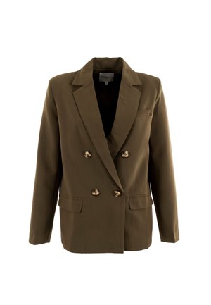 Blazer doppiopetto verde oliva in un tessuto liscio con bottoni dorati, rever a punta e due tasche frontali.