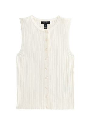 Biały top bez rękawów z prążkowanej dzianiny, okrągłym dekoltem i zapięciem na guziki z przodu.