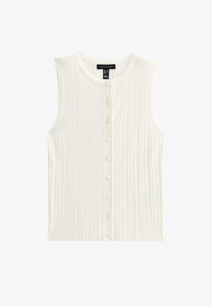Mouwloos wit geribd gebreid topje met ronde halslijn en een knoopsluiting aan de voorkant.