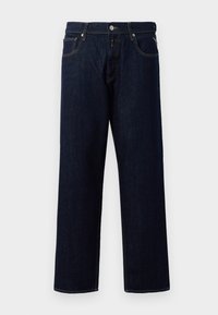 Mørkeblå denimjeans med avslappet straight-leg passform, fem lommer og kontrastfarget gult søm. Ingen synlige logoer eller mønstre.