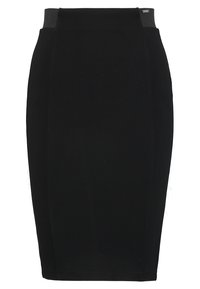 Zwarte potloodrok met een aansluitend ontwerp, een gladde textuur en een brede tailleband. Geen zichtbare patronen of versieringen.