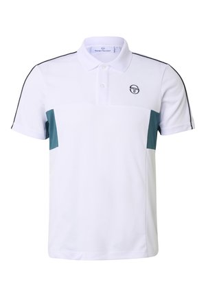 Polo blanc à manches courtes avec panneaux latéraux turquoise, rayures noires sur les épaules, deux boutons, col et petit logo circulaire sur la poitrine.