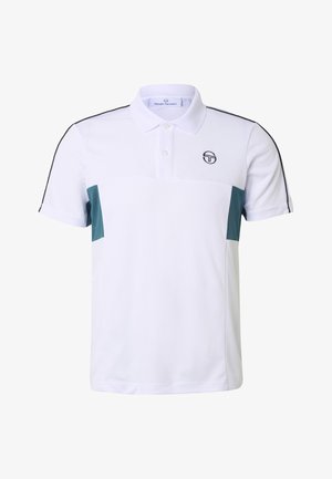 Polo blanc à manches courtes avec panneaux latéraux turquoise, rayures noires sur les épaules, deux boutons, col et petit logo circulaire sur la poitrine.