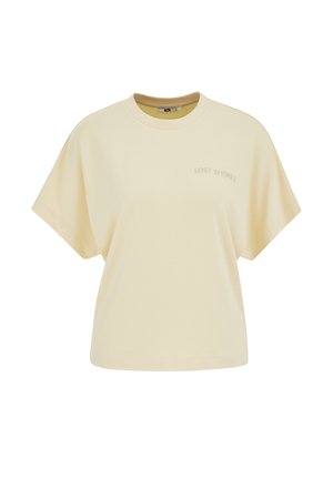 Tricou cu mânecă scurtă, de culoare bej deschis, cu guler rotund, croială lejeră și text mic „LOST SHORES” imprimat pe partea stângă a pieptului.