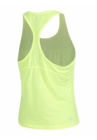 Top sportivo senza maniche di colore giallo neon con design a schiena scoperta e tessuto in rete traspirante, mostrato su uno sfondo bianco.