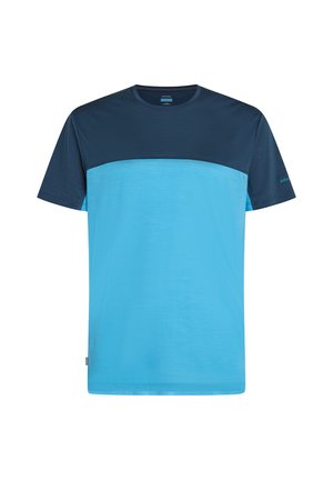 T-shirt z krótkim rękawem, z ciemnoniebieską górną częścią i jasnoniebieską dolną częścią, wykonany z gładkiego materiału, z okrągłym dekoltem.
