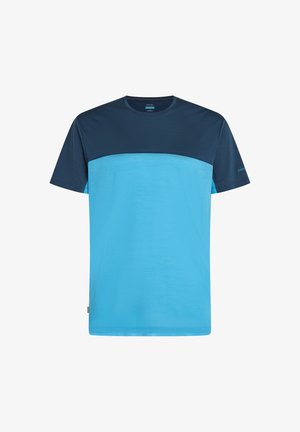 Kurzärmliges T-Shirt mit einem oberen Abschnitt in Dunkelmarine und einem unteren Abschnitt in Hellblau, aus glattem Stoff und mit Rundhalsausschnitt.