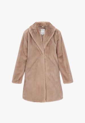 Soft beige faux fur coat with long sleeves and wide collar, mid-length, displayed against white background.