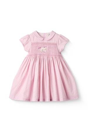 Rochie roz în carouri cu mâneci scurte tip puff, guler, bust smocks și detaliu cu unicorn brodat în față.