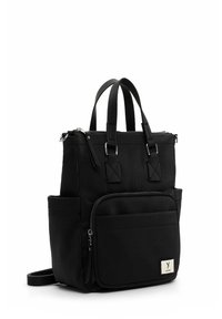 Black fabric tote bag with two top handles, zipper closure, front pocket, and a textured finish. Features silver hardware and logo patch.