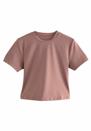 Schlichtes kurzärmeliges Crop-T-Shirt in Dusty Rose mit Rundhalsausschnitt und einfacher Naht auf weißem Hintergrund.