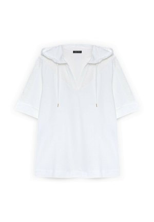 Witte korte mouwen hoodie met diepe V-hals en trekkoorden, plat weergegeven op een witte achtergrond.