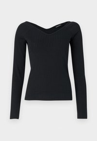 Black, long-sleeve top with a ribbed texture and a deep V-neckline. Form-fitting design, made from a soft, stretchy fabric.