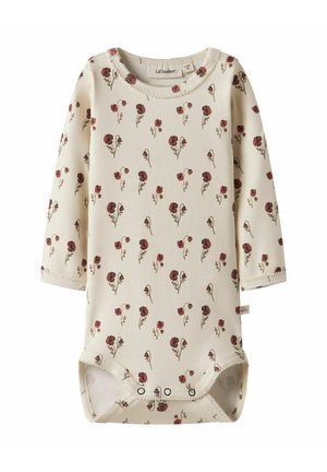Langärmliger Babybody aus cremefarbenem Rippstoff mit floralem Druck in Burgunderrot und Grün. Druckknopfverschluss am Boden für einfaches Anziehen.