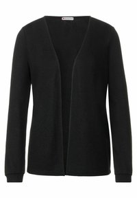 Svart kavaj med V-ringning, långa ärmar och öppen framsida. Tillverkad av mjukt tyg med en slät textur.