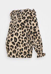 Haut de maternité en tissu léger avec imprimé léopard, col en V et détail volant froncé sur les épaules. Manches longues avec poignets élastiques.