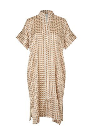 Robe courte à manches courtes, longueur au genou, à motifs beige et blanc, avec col montant et détails de coutures frontales, coupe ample et fentes latérales.