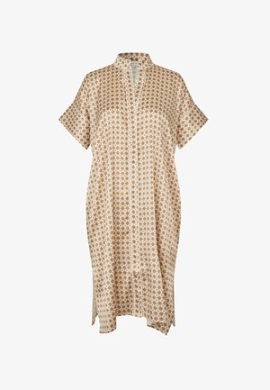 Robe courte à manches courtes, longueur au genou, à motifs beige et blanc, avec col montant et détails de coutures frontales, coupe ample et fentes latérales.