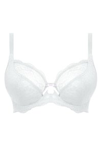 Bra blanco de encaje con copas acolchadas, bordes festoneados, tirantes ajustables y un pequeño detalle de lazo rosa en el centro.