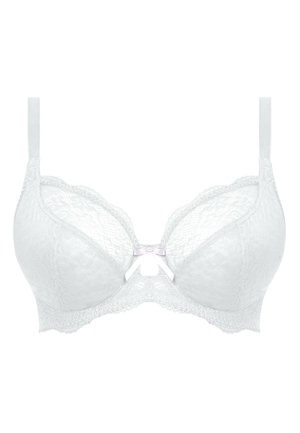 Soutien-gorge en dentelle blanche avec coques rembourrées, bords festonnés, bretelles réglables et un petit nœud rose au centre.