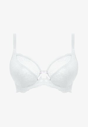 White lace bra with padded cups, scalloped edges, adjustable straps, and a small pink bow detail at the center.