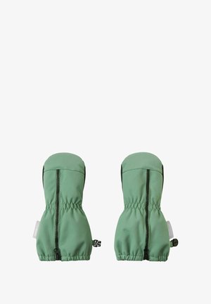 Zielone wodoodporne rękawiczki dla dzieci z przednimi zamkami błyskawicznymi i regulowanymi paskami nadgarstków, zaprojektowane do użytku na zewnątrz.