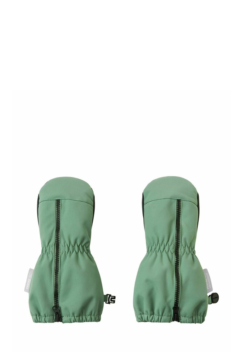 Green waterproof children's mittens with front zippers and adjustable wrist straps, designed for outdoor use.