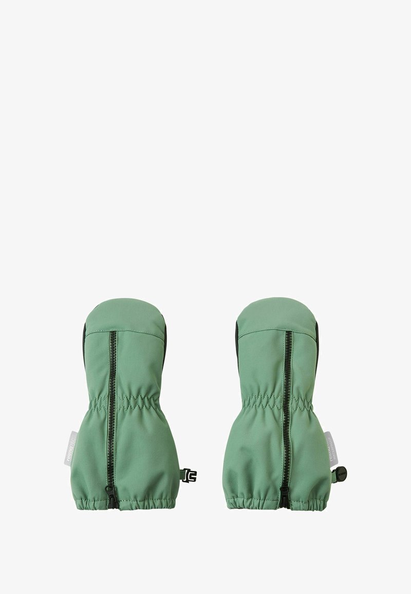 Grüne wasserdichte Kinderhandschuhe mit vorderen Reißverschlüssen und verstellbaren Handgelenksriemen, die für den Einsatz im Freien konzipiert sind.