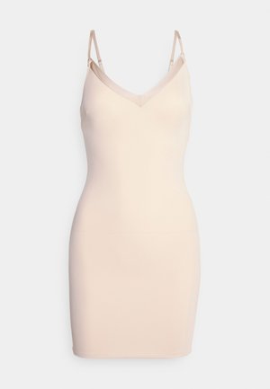 Svetlo béžové bodycon šaty vyrobené z hladkej tkaniny, so nastaviteľnými tenkými ramienkami a hlbokým V výstrihom. Minimalistický dizajn.