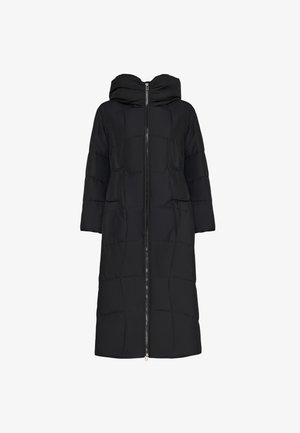Manteau long noir rembourré avec une capuche, doté d'une fermeture éclair à l'avant et de deux poches latérales, conçu avec une texture matelassée et une coupe décontractée.