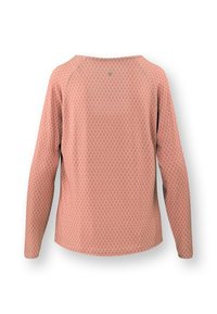 Koraalkleurig shirt met lange mouwen en een gestructureerd ruitpatroon. Heeft een ronde hals en raglanmouwen, vervaardigd uit zachte, rekbare stof.