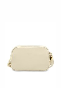 Borsa in pelle sintetica beige con forma rettangolare, zip dorata e tracolla removibile. Texture liscia con design minimalista.