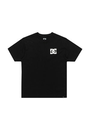 Black short-sleeve cotton t-shirt featuring a white DC logo on the left chest area. Classic crew neck design, smooth texture.