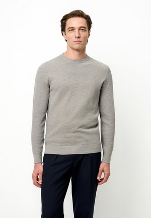 Mand med kort brunt hår iført en lysegrå langærmet sweater og mørke bukser, stående foran en ensartet hvid baggrund.