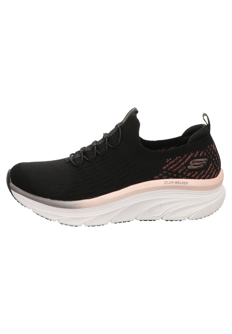 Black athletic shoe with a textured knit upper, elastic laces, and a white midsole accented with light pink details; cushioned sole.