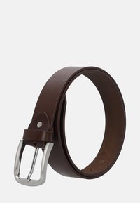 Brown leather belt with a shiny silver rectangular buckle, featuring smooth texture and several holes for adjustment.