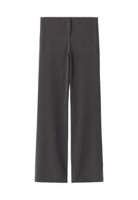 Pantaloni larghi grigio scuro realizzati in un tessuto morbido e elasticizzato. Presentano un davanti piatto e una superficie liscia senza motivi o hardware visibili.