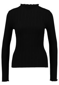Schwarzer, gerippter, langärmeliger, enganliegender Pullover mit hohem Rüschenausschnitt und passendem Rüschensaum an den Ärmeln und am Saum.