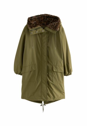 Olijfgroene parka jas met elastische manchetten, grote zakken met klep, trekkoord onderaan en een met faux fur leeuwenprint gevoerde capuchon.